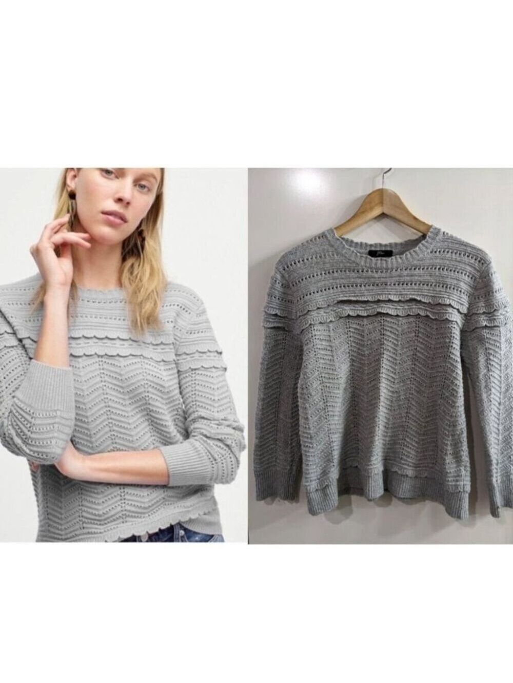 J. Crew | Crewneck Scalloped Pointelle Sweater in Grey